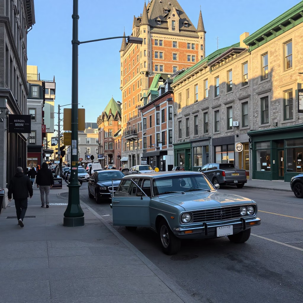 Busy Montreal Street Corner in Late Afternoon Light with Vintage 1970s Urban Details in in Montreal, Quebec, Canada