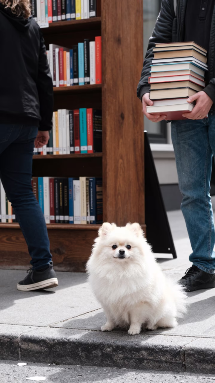 Busy Montreal Street Corner with Pomeranian and University Bookshelf in Bright Midmorning Light in in Montreal, Quebec, Canada