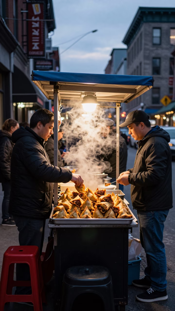 Busy Montreal street food vendor serving samosas at dusk with urban backdrop in in Montreal, Quebec, Canada
