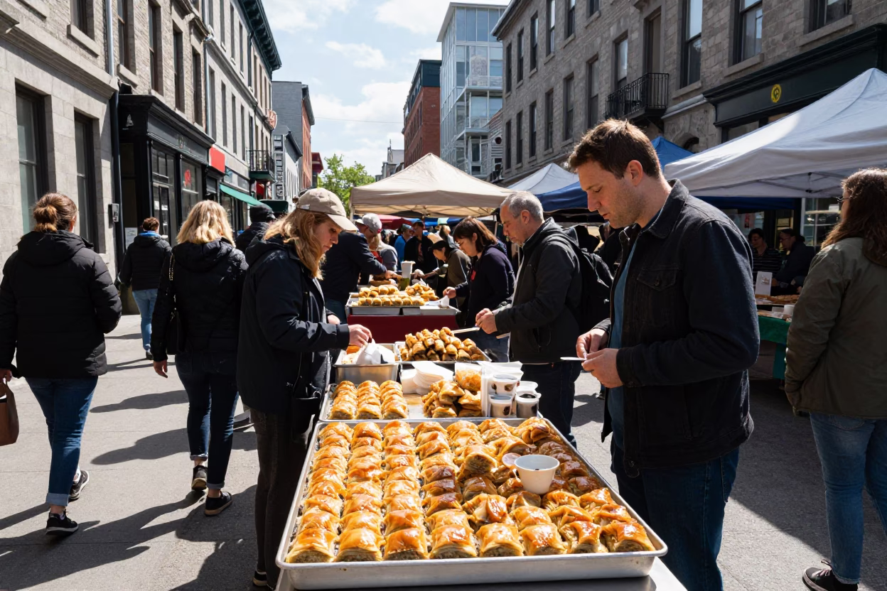 Busy Montreal Street Market Midday with Baklava and Tea Stains in in Montreal, Quebec, Canada