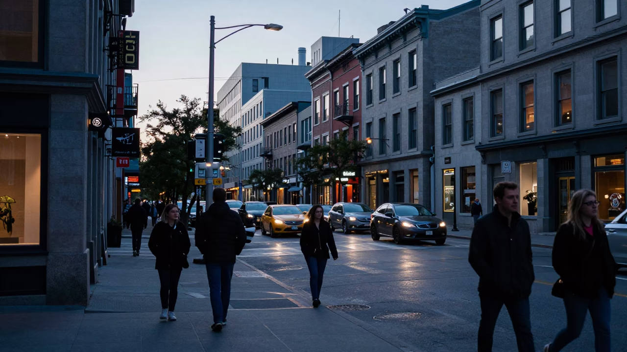 Busy Montreal street scene at dawn with commuters and urban details in in Montreal, Quebec, Canada