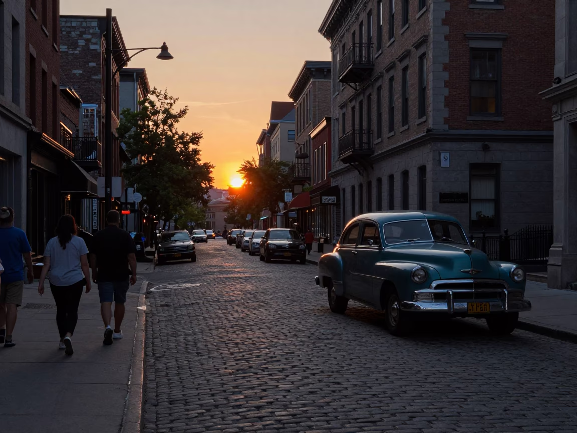 Busy Montreal Street Scene at Dusk with Vintage 1950s Charm and Local Life in in Montreal, Quebec, Canada
