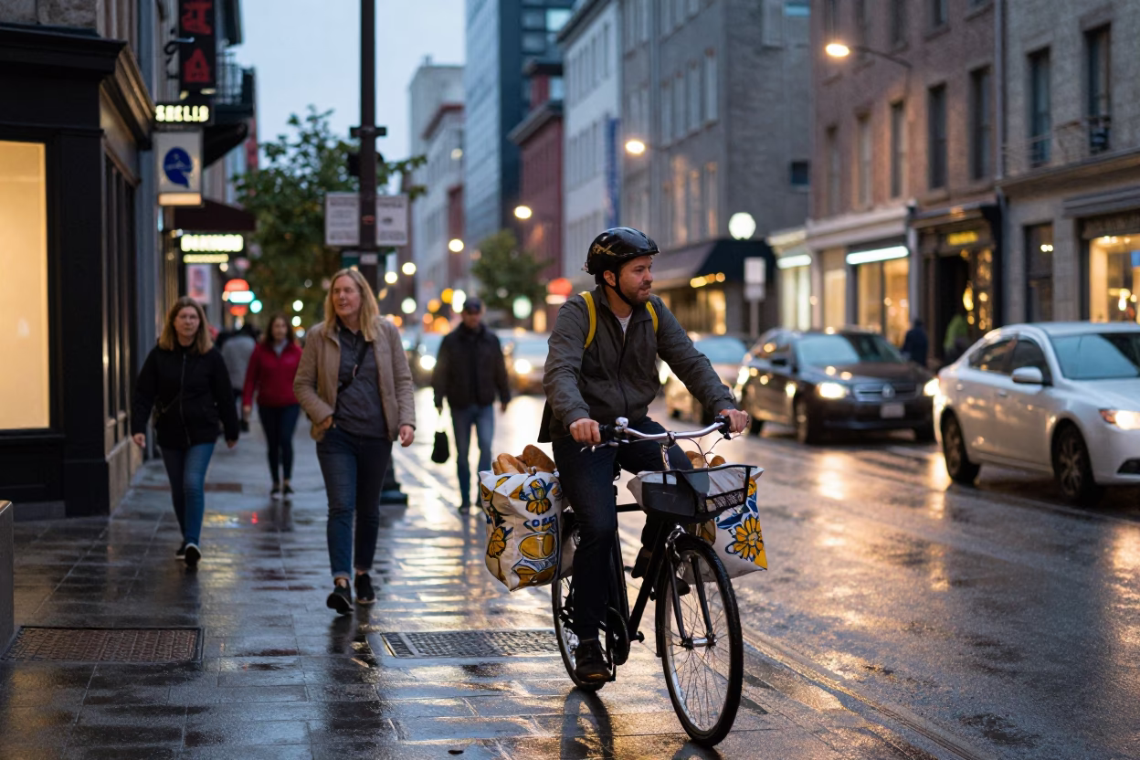 Busy Montreal Street Scene at Dusk with Vintage Majolica Plate and Bicycle in in Montreal, Quebec, Canada