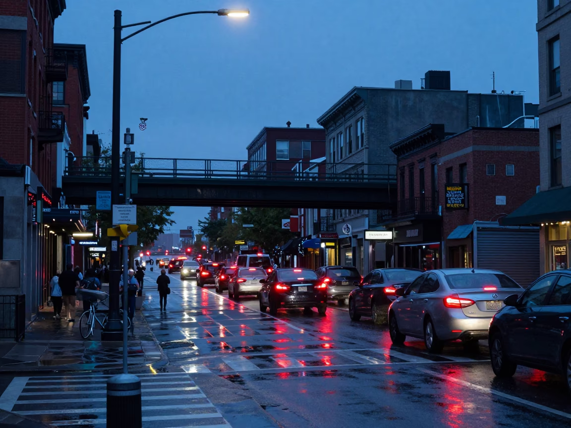 Busy Montreal Street Scene at Indigo Twilight Near Overpass Interchange in in Montreal, Quebec, Canada