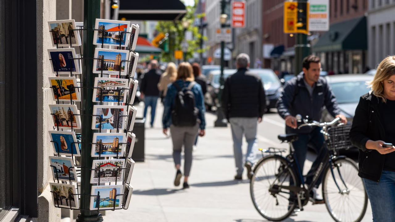 Busy Montreal Street Scene at Midday with Bicycle and Postcards in in Montreal, Quebec, Canada