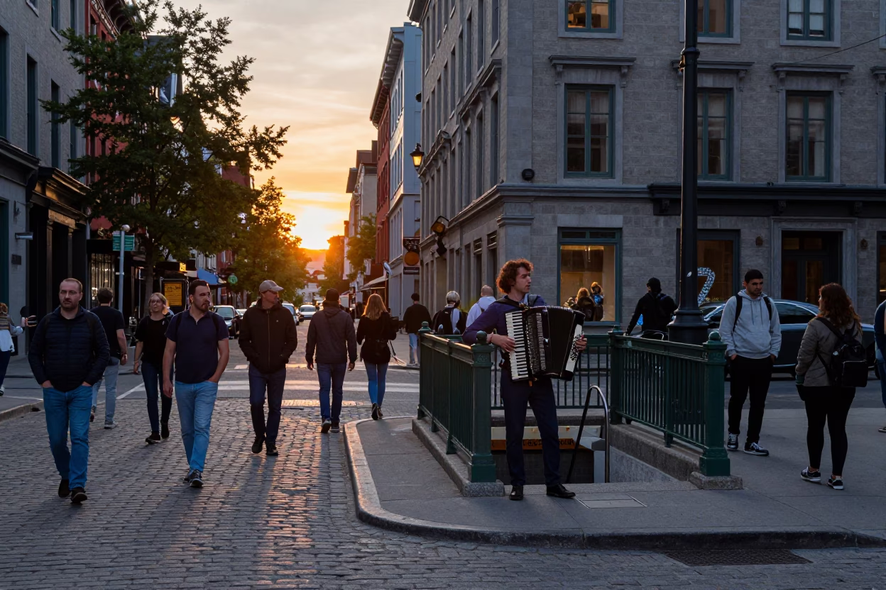 Busy Montreal Street Scene at Sunset with Accordion Player and Coffee Cupper in in Montreal, Quebec, Canada