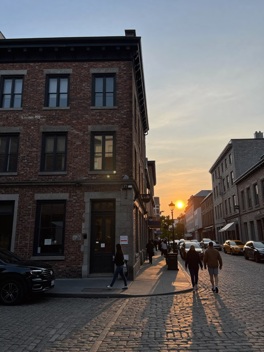 Busy Montreal Street Scene at Sunset with Brick Architecture and Urban Details in in Montreal, Quebec, Canada