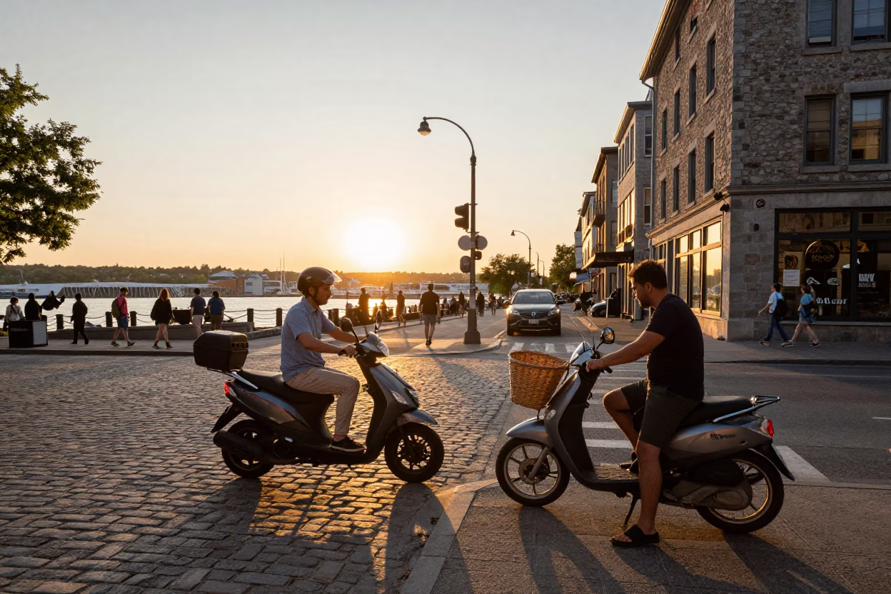 Busy Montreal Street Scene at Sunset with Scooter and Bicycle Basket in Quebec Canada in in Montreal, Quebec, Canada