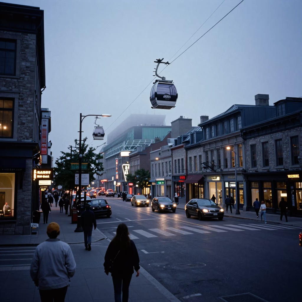 Busy Montreal Street Scene at Twilight with Aerial Tramway Gondola and Stair Rail in in Montreal, Quebec, Canada