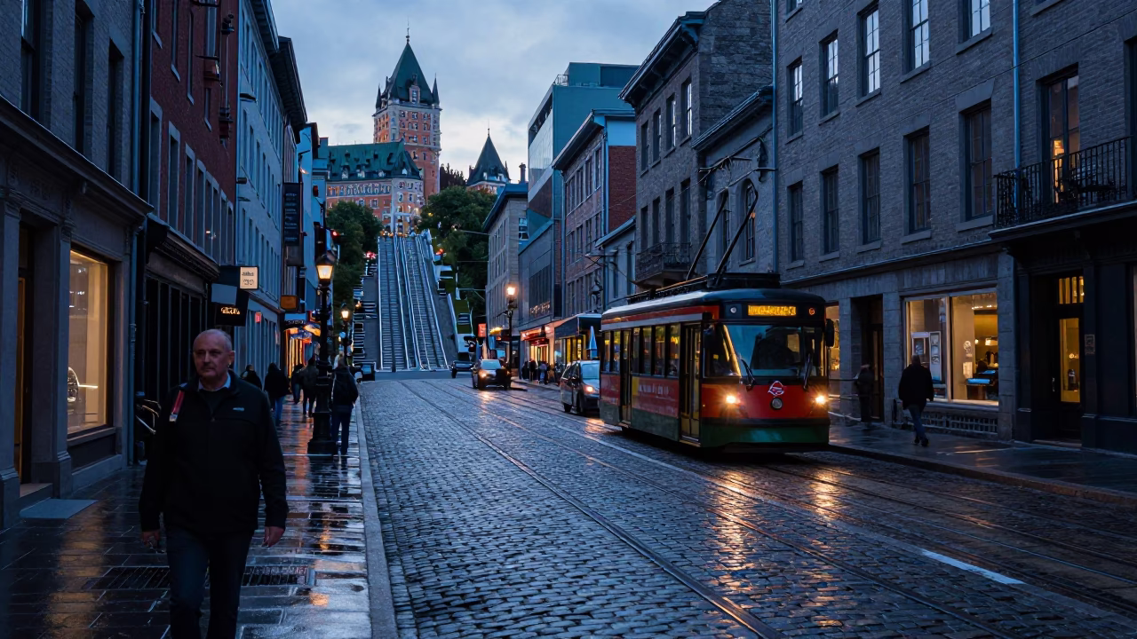 Busy Montreal Street Scene Before Dawn with Funicular and Shop Displays in in Montreal, Quebec, Canada