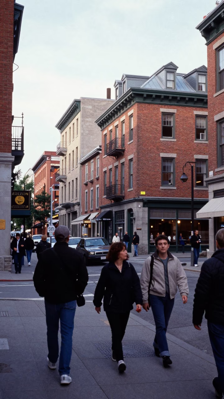 Busy Montreal Street Scene Early Afternoon with Brick Architecture and Pedestrians in in Montreal, Quebec, Canada