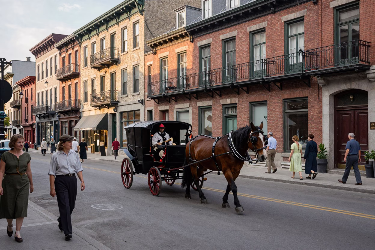 Busy Montreal Street Scene Early Afternoon with Horse Cart and Cobblestones in in Montreal, Quebec, Canada