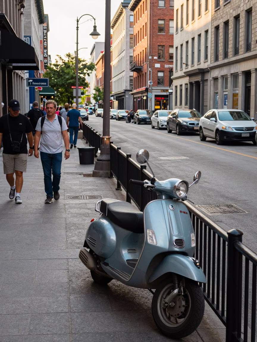 Busy Montreal Street Scene Early Afternoon with Scooter and Historic Architecture in in Montreal, Quebec, Canada