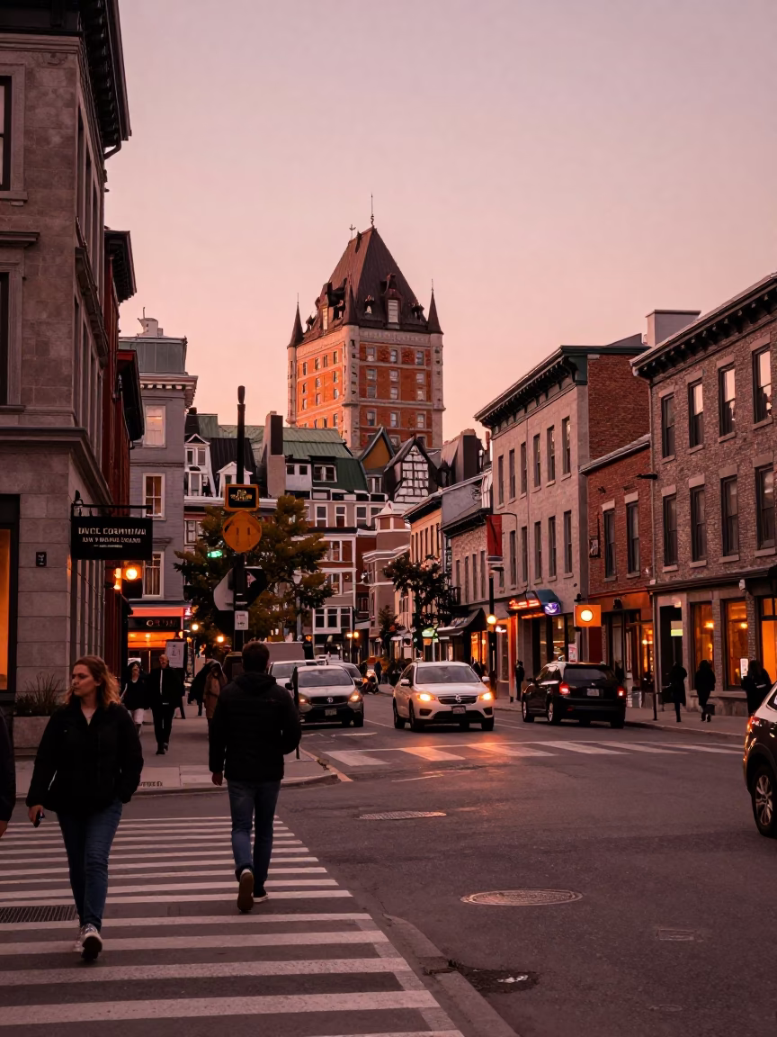 Busy Montreal Street Scene in Copper Dusk Light with Crumbling Observatory Details in in Montreal, Quebec, Canada