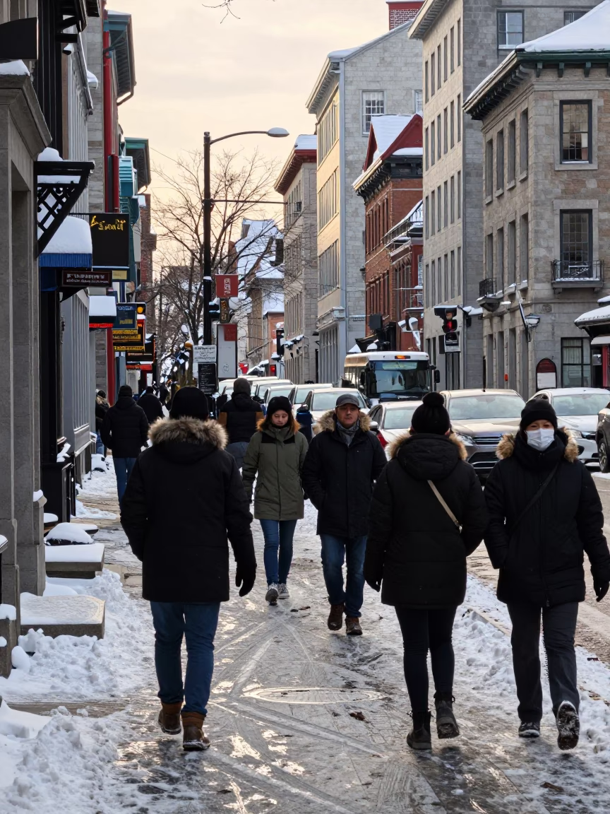 Busy Montreal Street Scene in Early Afternoon with Snow Slush and Urban Activity in in Montreal, Quebec, Canada