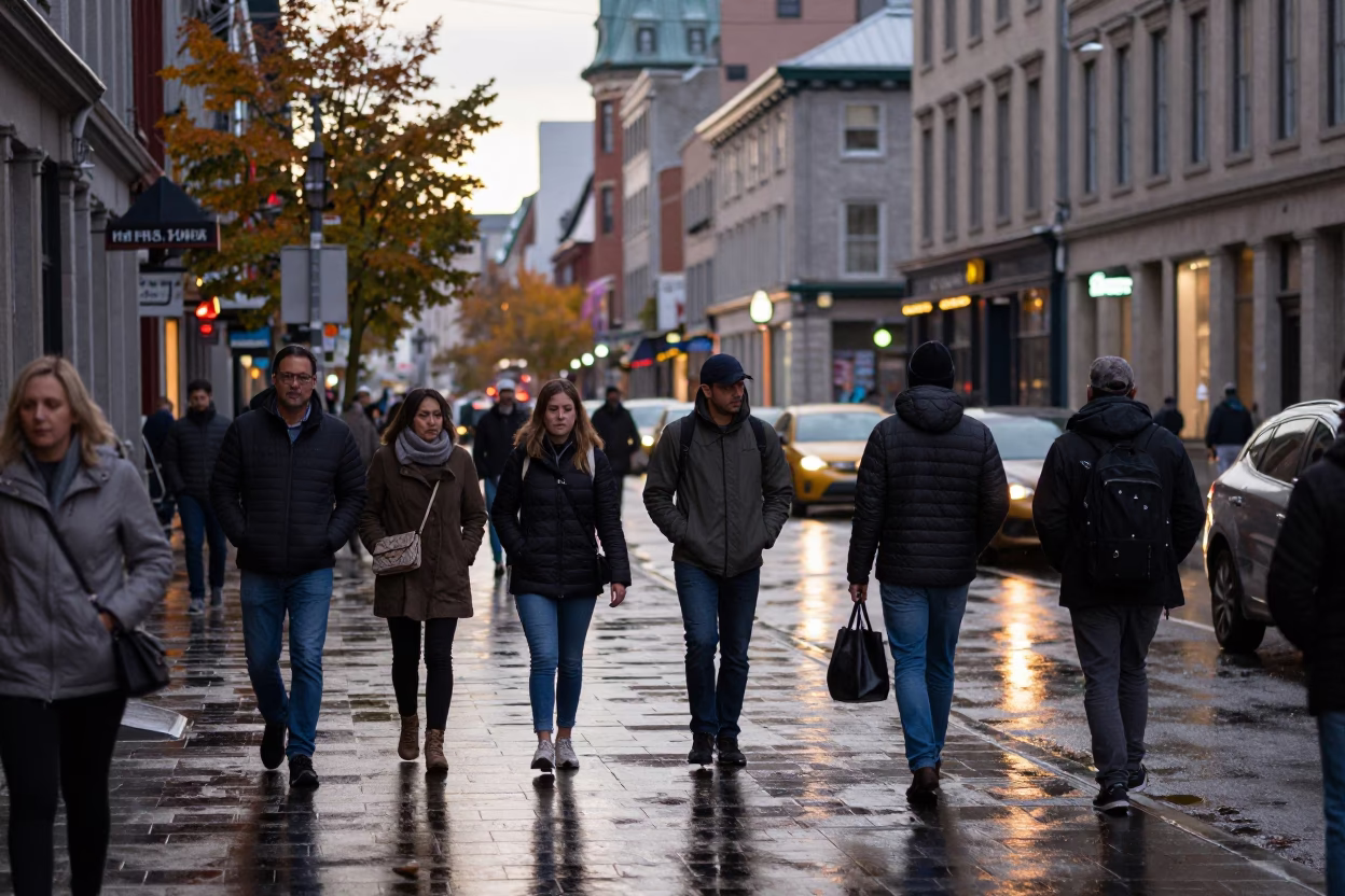 Busy Montreal Street Scene in Early Evening with Pedestrians and Urban Architecture in in Montreal, Quebec, Canada