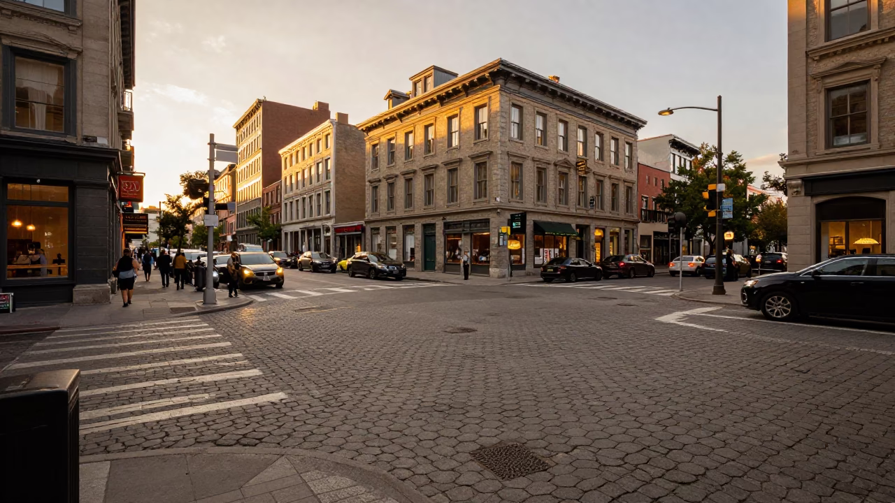 Busy Montreal Street Scene in Honeyed Evening Light with Local Pedestrians and Urban Details in in Montreal, Quebec, Canada
