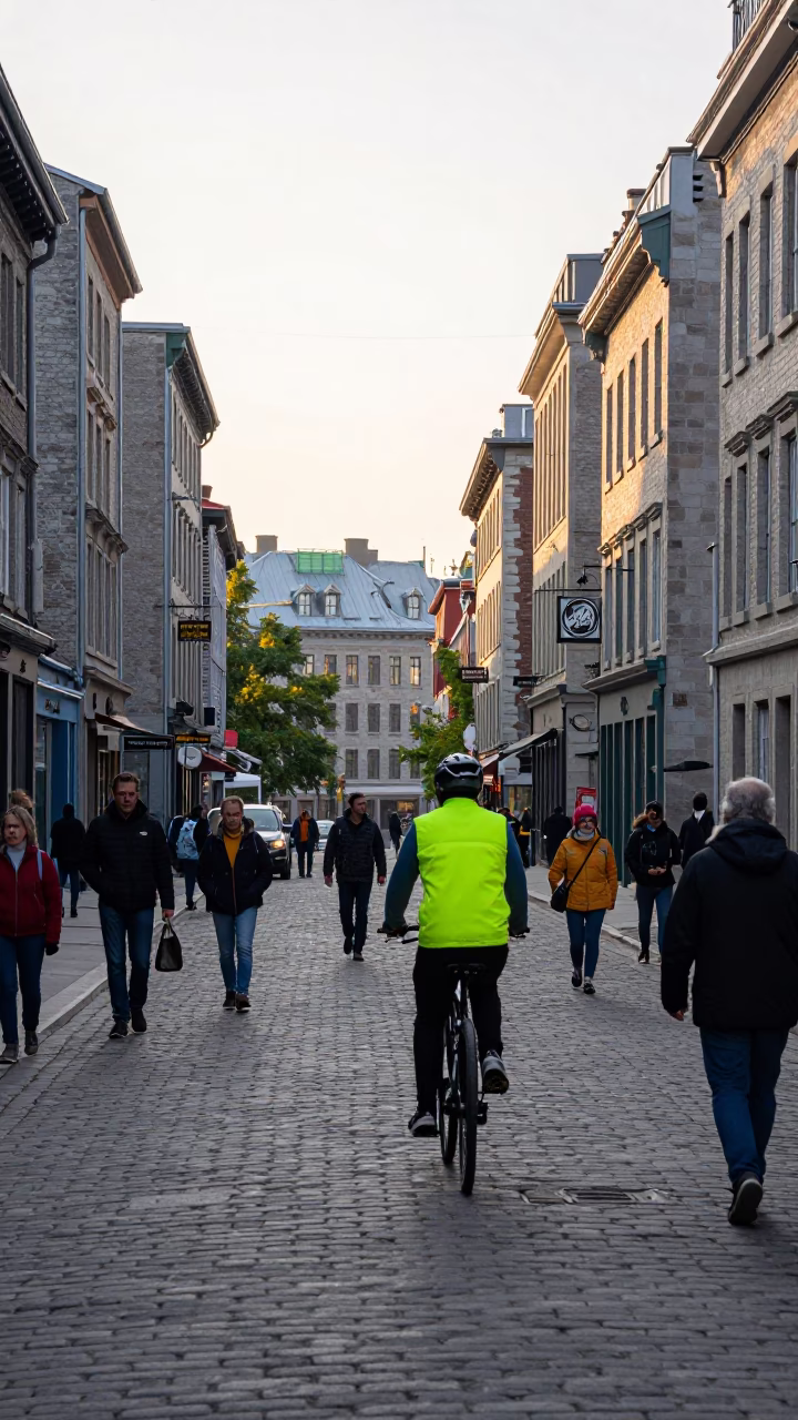 Busy Montreal Street Scene Just After Sunrise With Old Town Cobblestones And Morning Commuters in in Montreal, Quebec, Canada