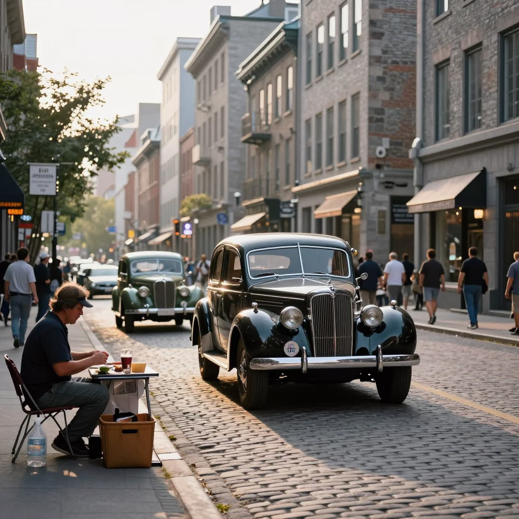 Busy Montreal Street Scene Just After Sunrise with Vintage Car Rally and Lantern in in Montreal, Quebec, Canada