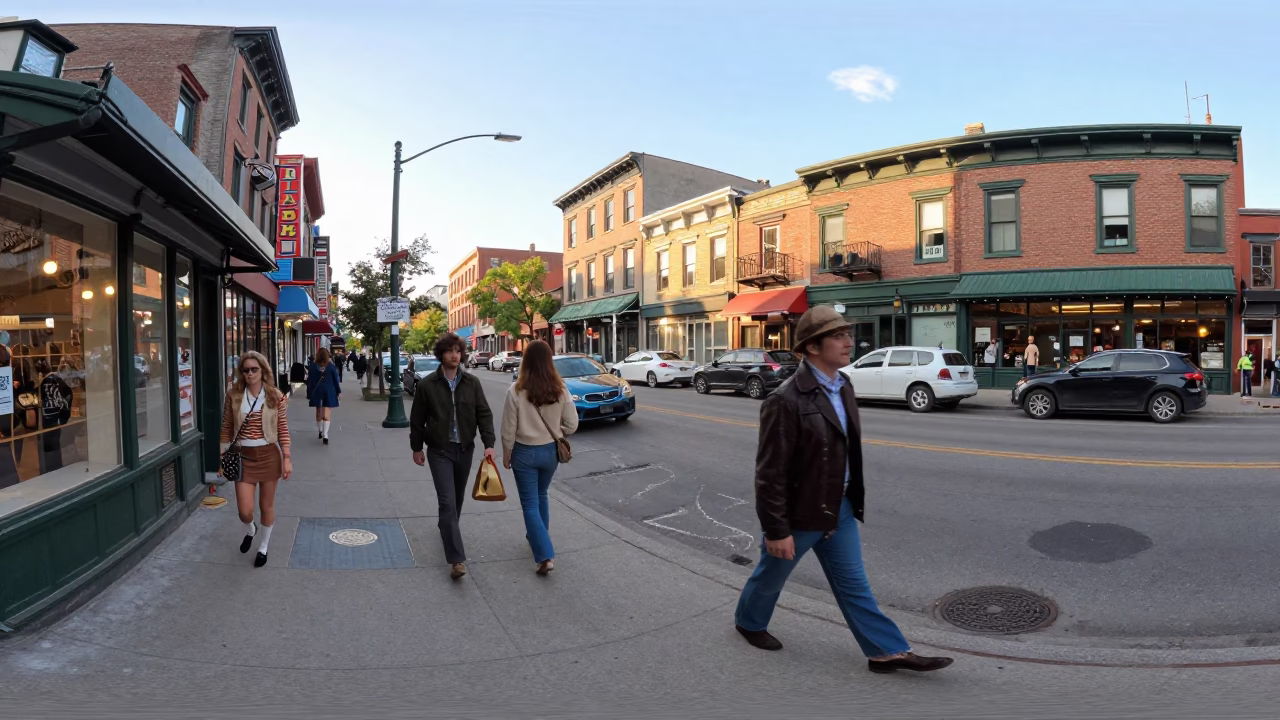 Busy Montreal Street Scene Late Morning 1970s Style Realistic Photograph in in Montreal, Quebec, Canada