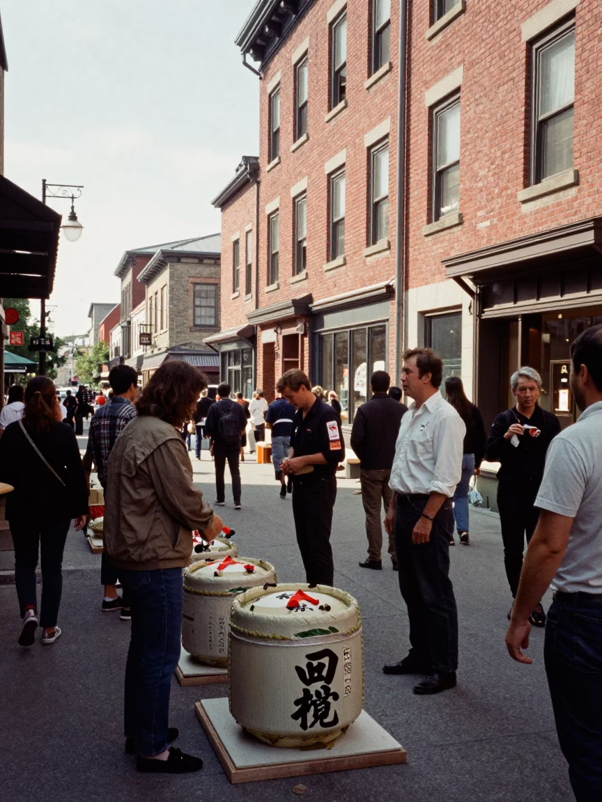 Busy Montreal Street Scene Late Morning with Traditional Sake Barrel Ceremony and Locals in in Montreal, Quebec, Canada