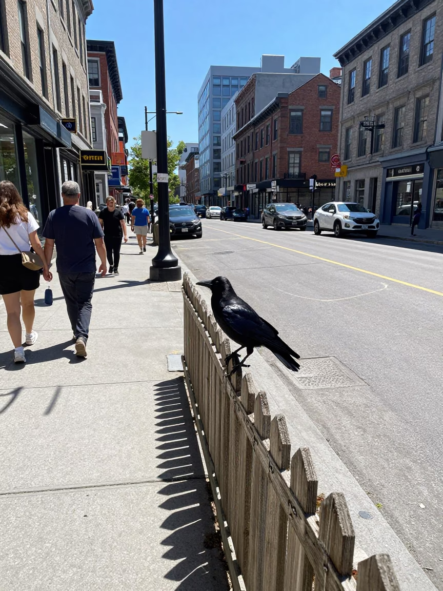 Busy Montreal Street Scene Under Flat Noon Glare with Crow on Fence Post in in Montreal, Quebec, Canada