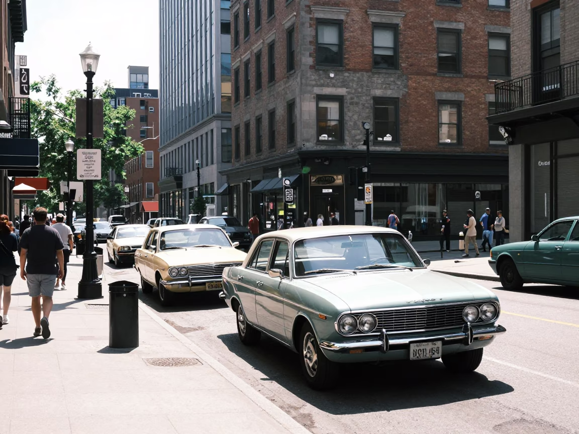 Busy Montreal Street Scene Under Noon Sun with Vintage Cars and Pedestrians in in Montreal, Quebec, Canada