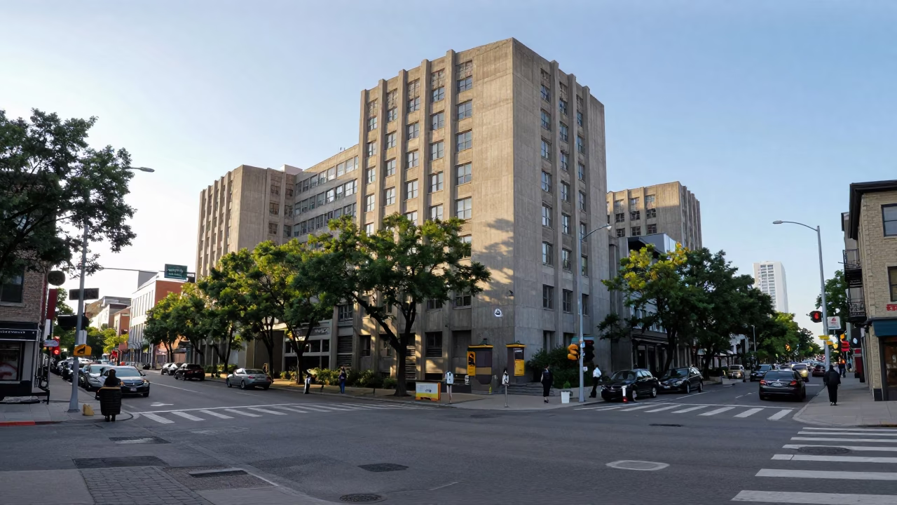 Busy Montreal Street Scene with Brutalist Architecture and Greenery in Early Afternoon in in Montreal, Quebec, Canada