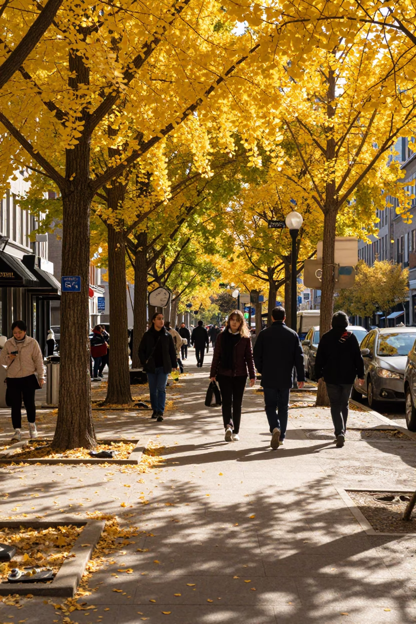 Busy Montreal Street Scene with Golden Ginkgo Leaves and Local Interaction in in Montreal, Quebec, Canada