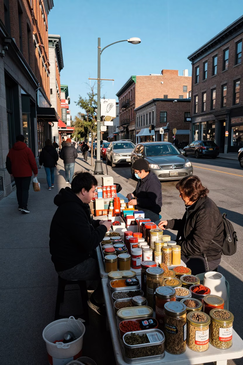 Busy Montreal Street Scene with Spice Tins and Pepper Mill in Late Afternoon Light in in Montreal, Quebec, Canada