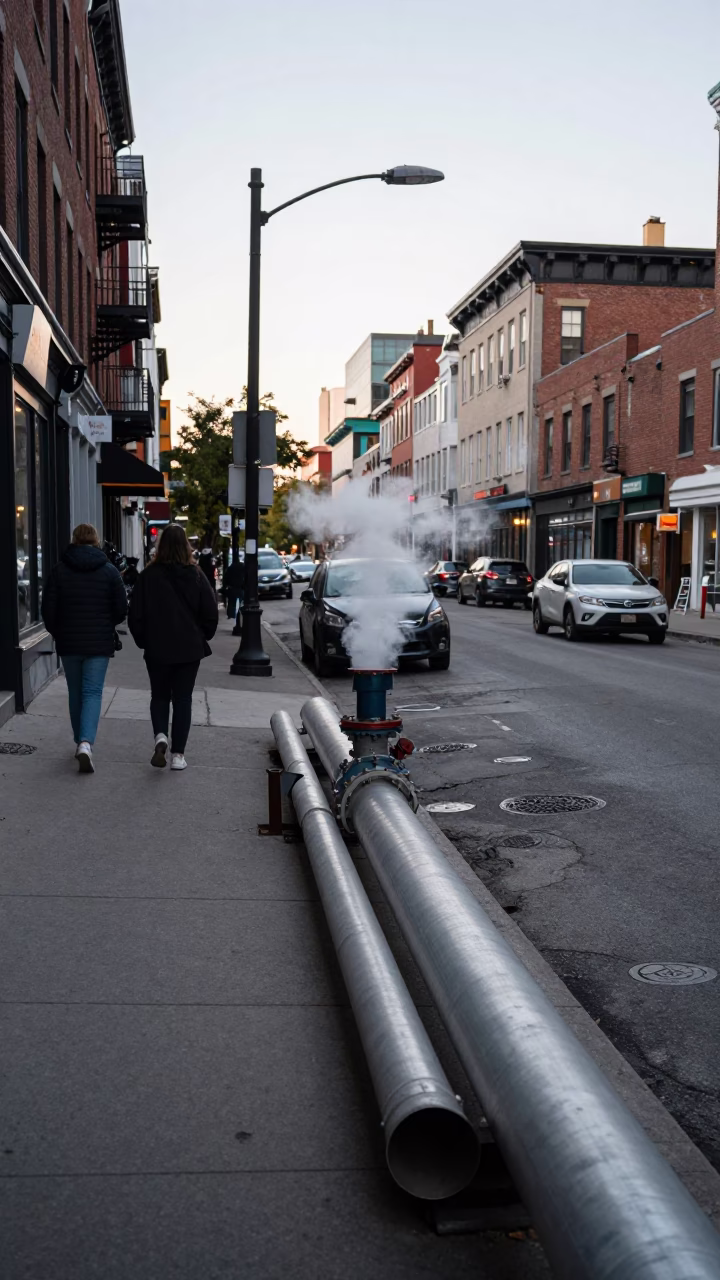 Busy Montreal Street Scene with Steaming District Heating Pipes and Urban Evening Activity in in Montreal, Quebec, Canada