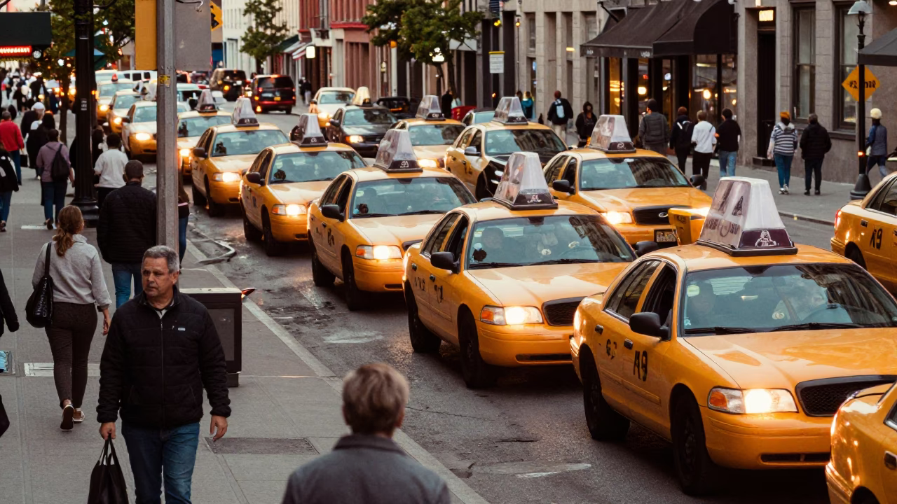Busy Montreal Street Scene with Yellow Taxis and Urban Evening Activity in in Montreal, Quebec, Canada