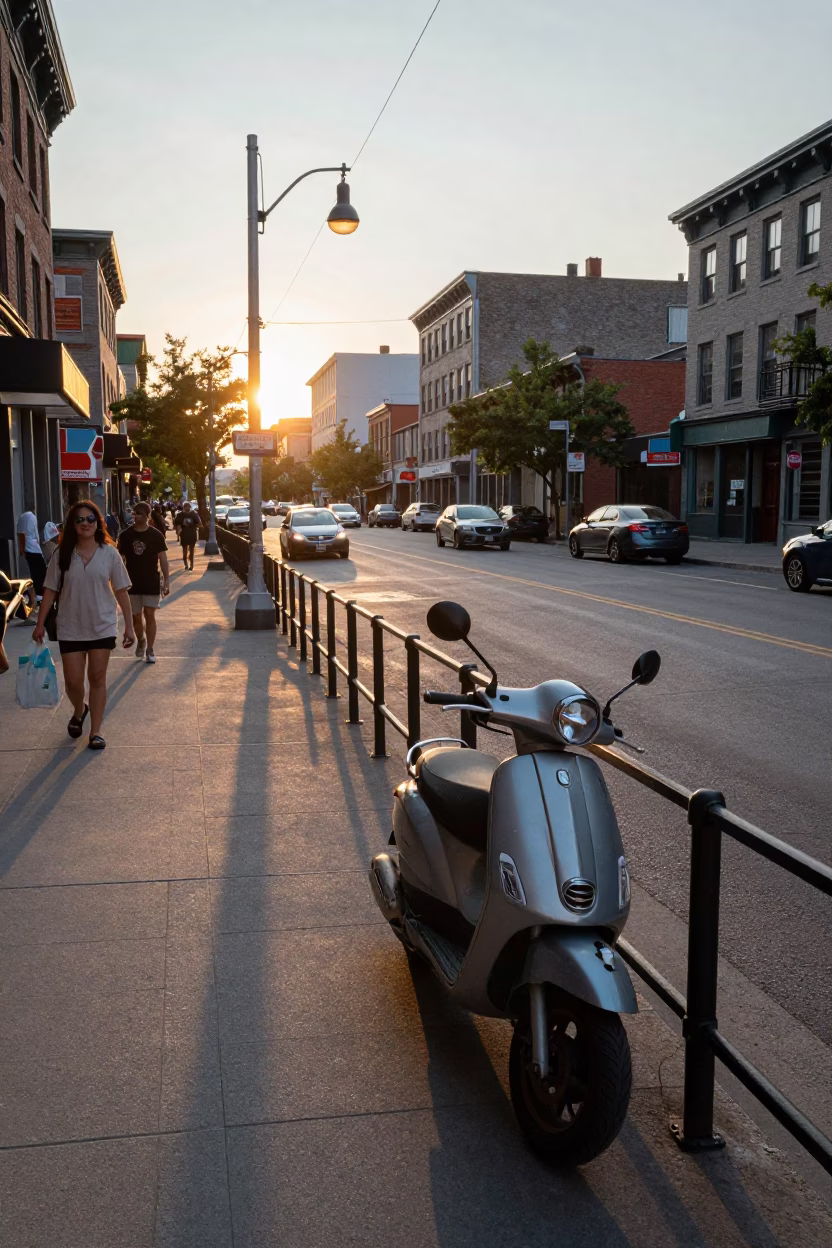 Busy Montreal Sunset Street Scene with Scooter and Jam Jar in in Montreal, Quebec, Canada