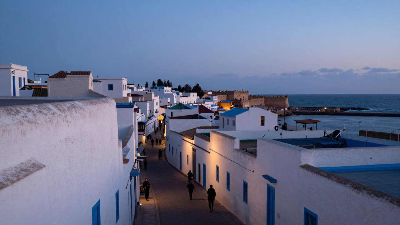 Busy Morning in Essaouira Morocco Nautical Dawn Coastal Street Scene with Local Commerce in in Essaouira, Morocco
