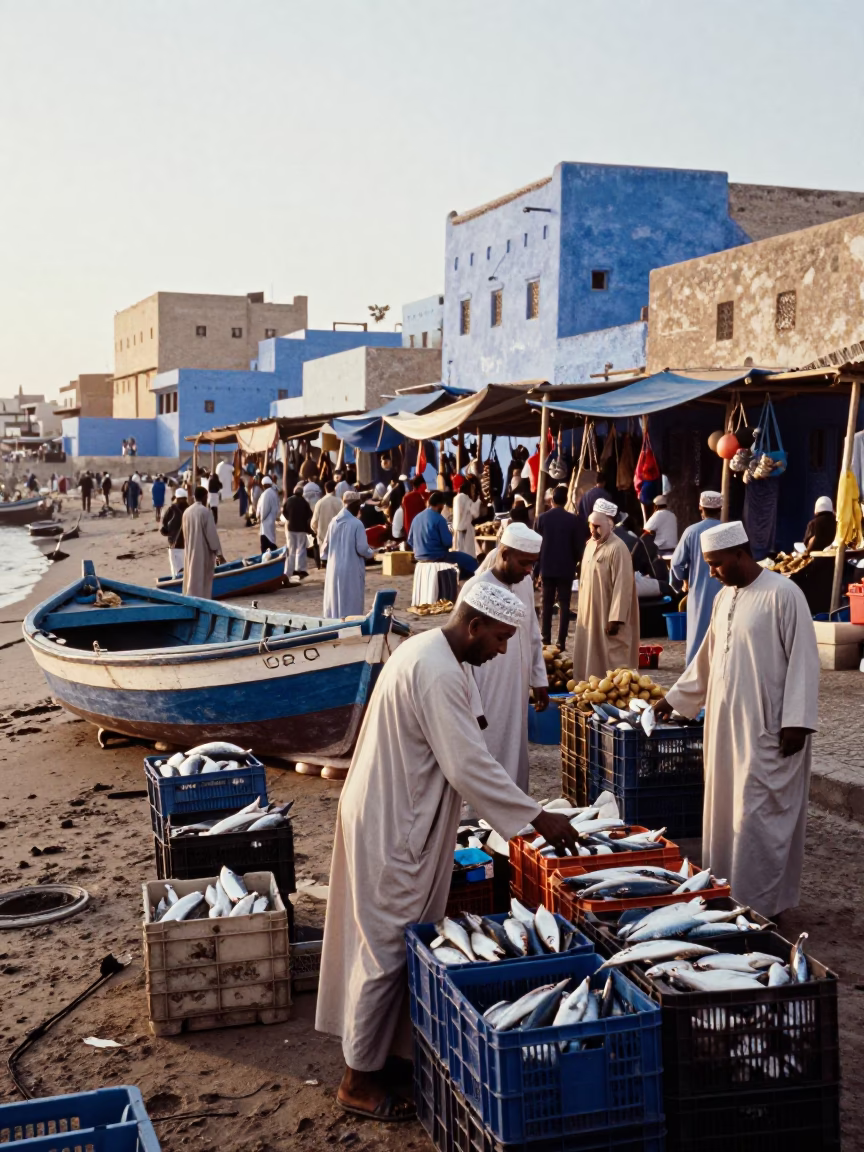 Busy Morning Market in Essaouira Morocco with Fishermen and Local Produce in in Essaouira, Morocco