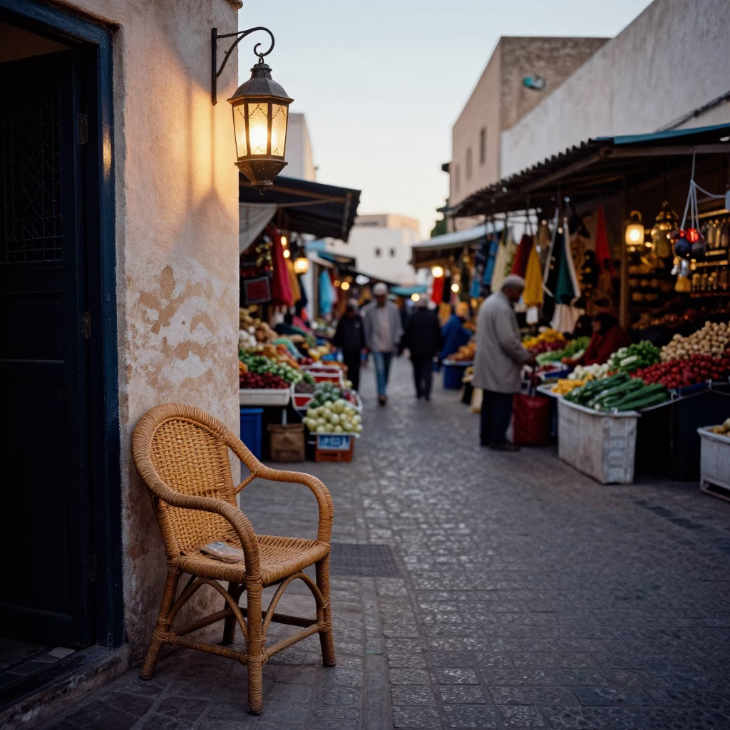 Busy Morning Market in Essaouira Morocco with Rattan Chair and Lantern Light at Dawn in in Essaouira, Morocco