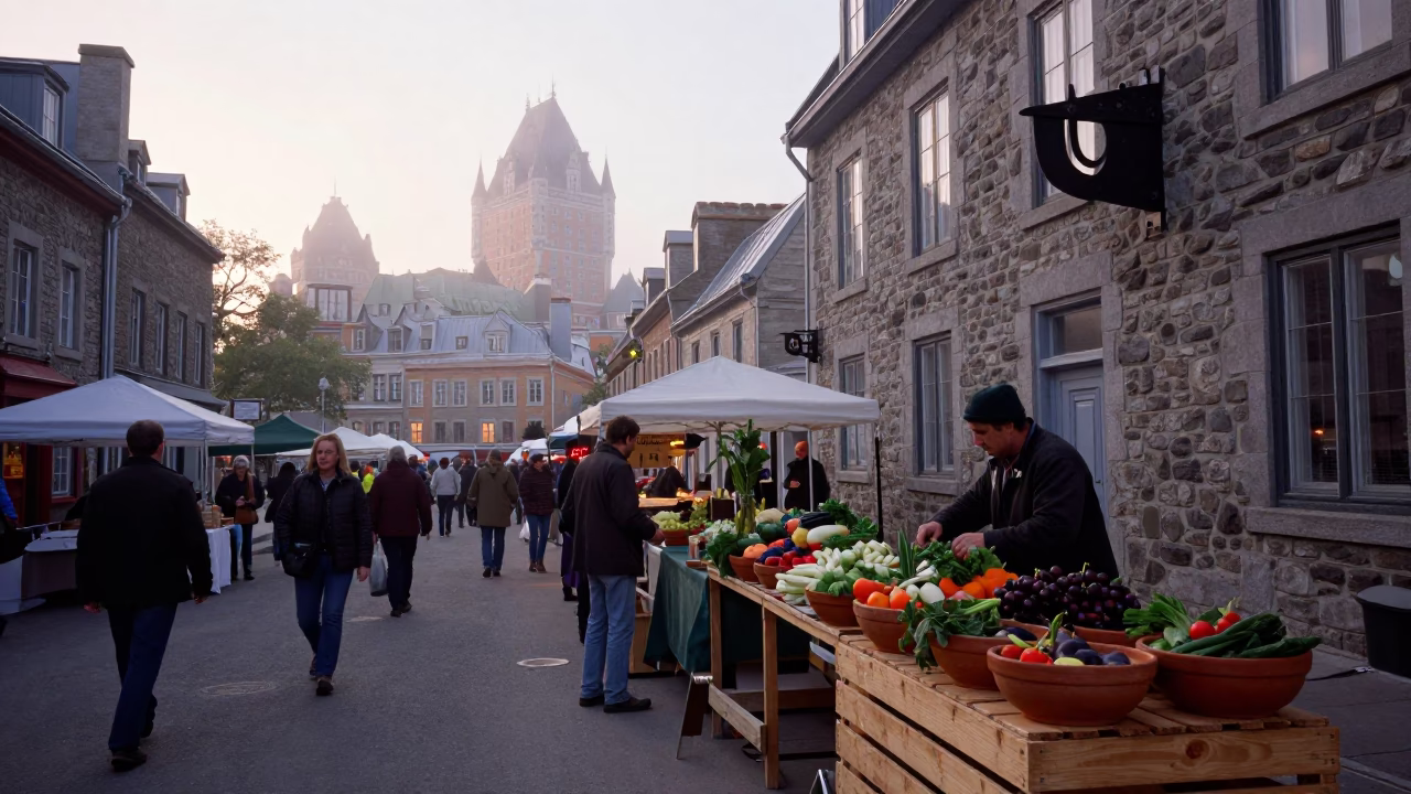 Busy Morning Market in Quebec City Dawn with Iron Deadbolt and Leather Basketball in in Quebec City, Quebec, Canada