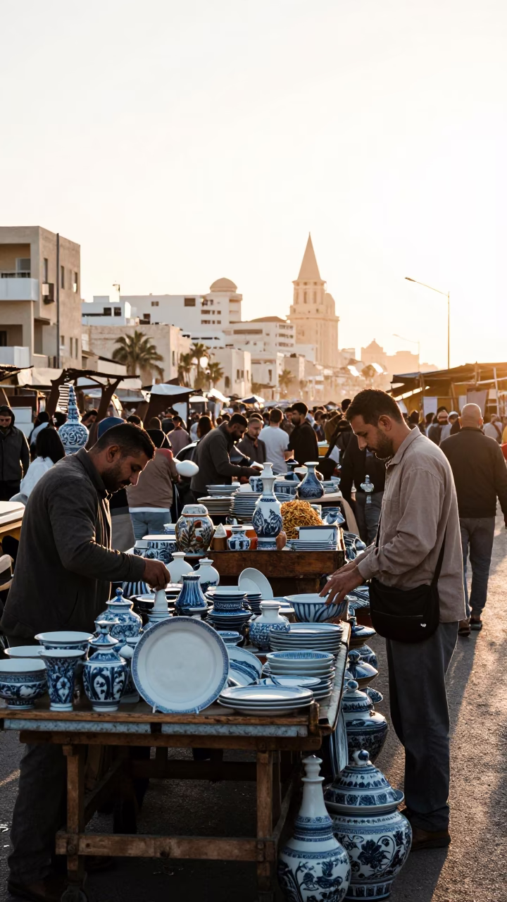 Busy Morning Market Scene in Alexandria Egypt with Blue White Porcelain and Salt Cellar in in Alexandria, Egypt