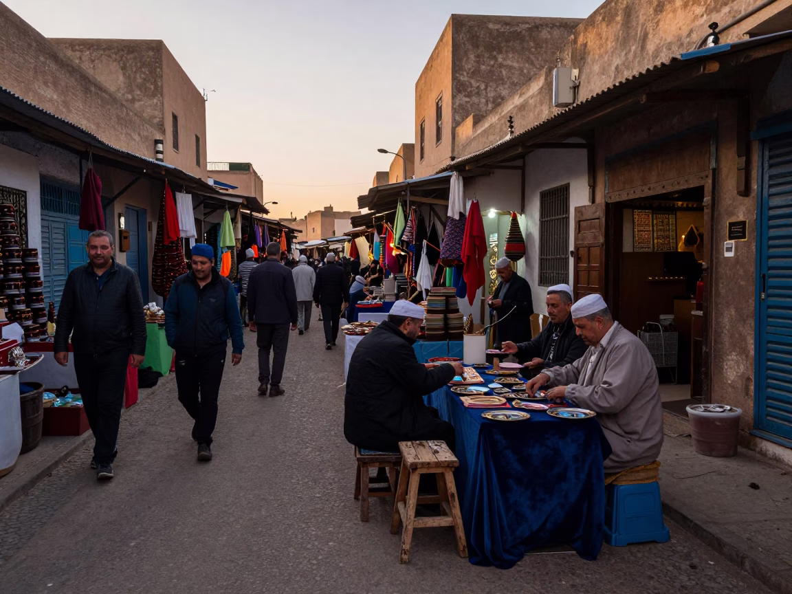Busy Morning Market Scene in Essaouira Morocco Before Dawn with Local Artisans in in Essaouira, Morocco