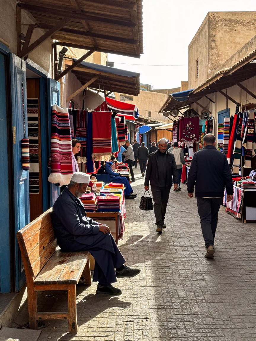 Busy Morning Market Scene in Essaouira Morocco with Local Crafts and Coastal Atmosphere in in Essaouira, Morocco