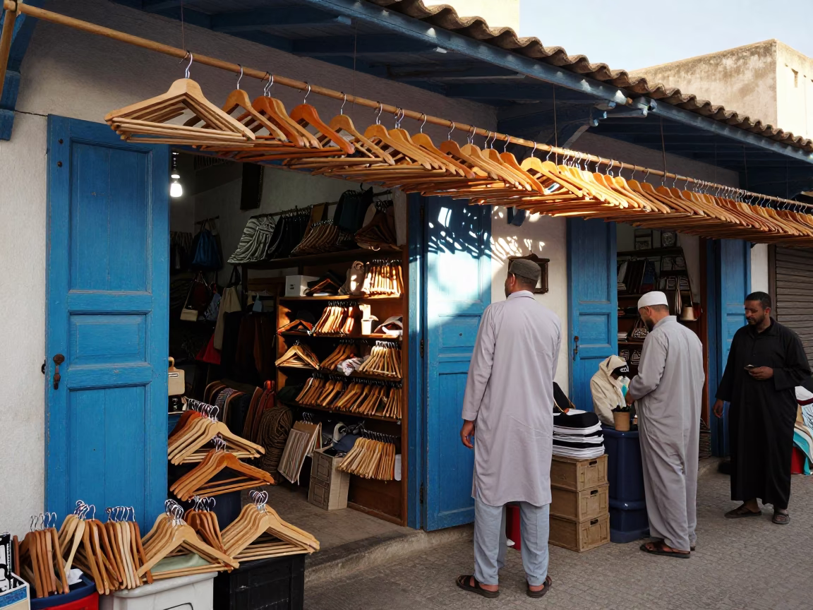 Busy Morning Market Scene in Essaouira Morocco with Wooden Hangers and Local Commerce in in Essaouira, Morocco