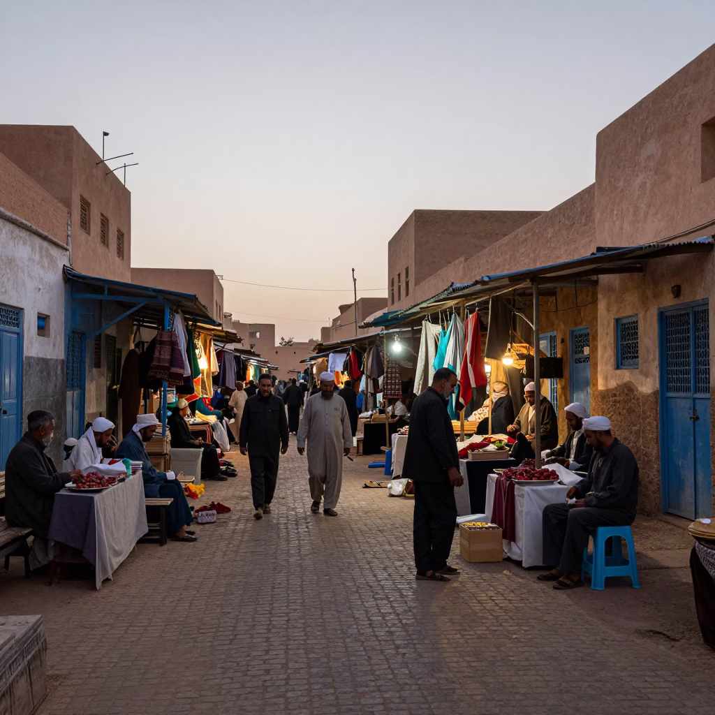 Busy Morning Market Scene in Fez Morocco Before Dawn with Local Artisans and Goods in in Fez, Morocco