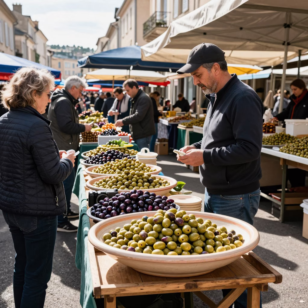 Busy Morning Market Scene in Nice France with Olive Dish and Turnips in in Nice, France