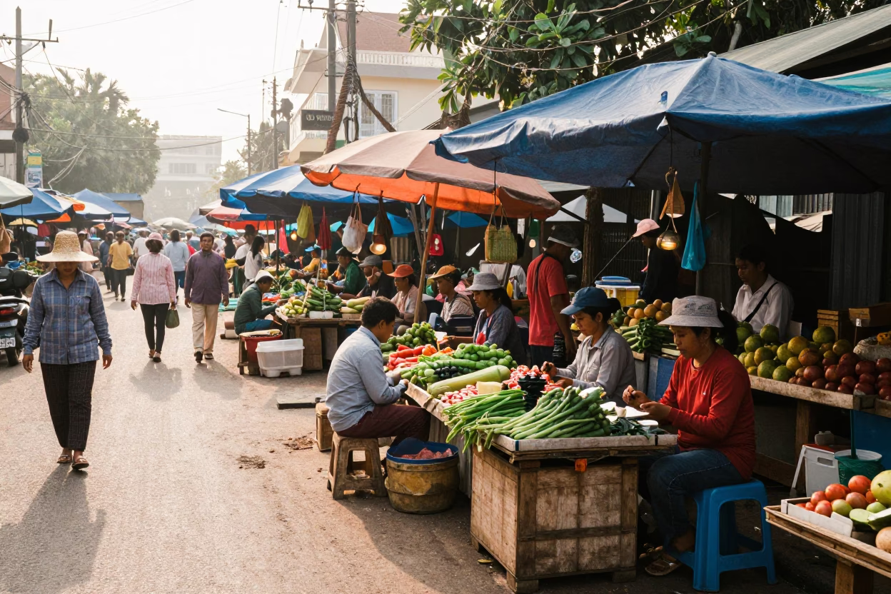 Busy Morning Market Scene in Phnom Penh Cambodia with Local Street Life in in Phnom Penh, Cambodia