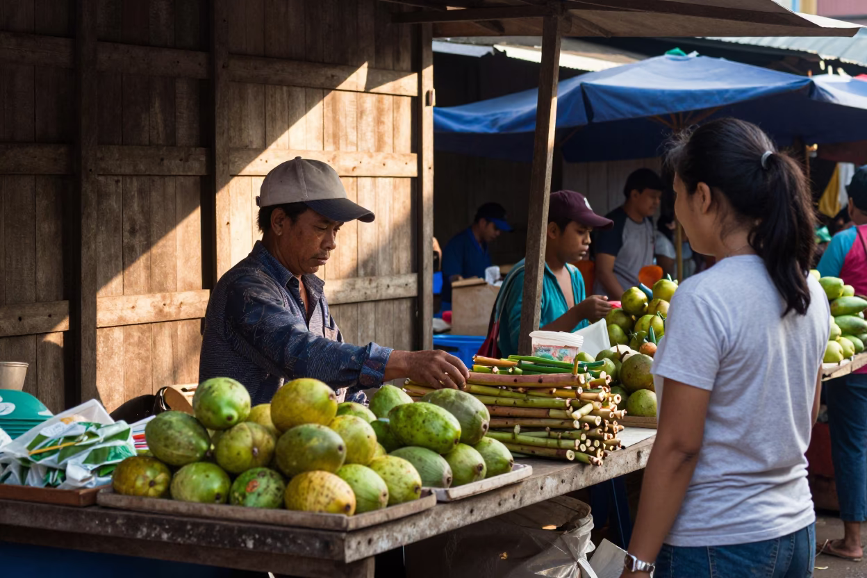 Busy Morning Market Scene in Phnom Penh Cambodia with Vendor and Customer Interaction in in Phnom Penh, Cambodia