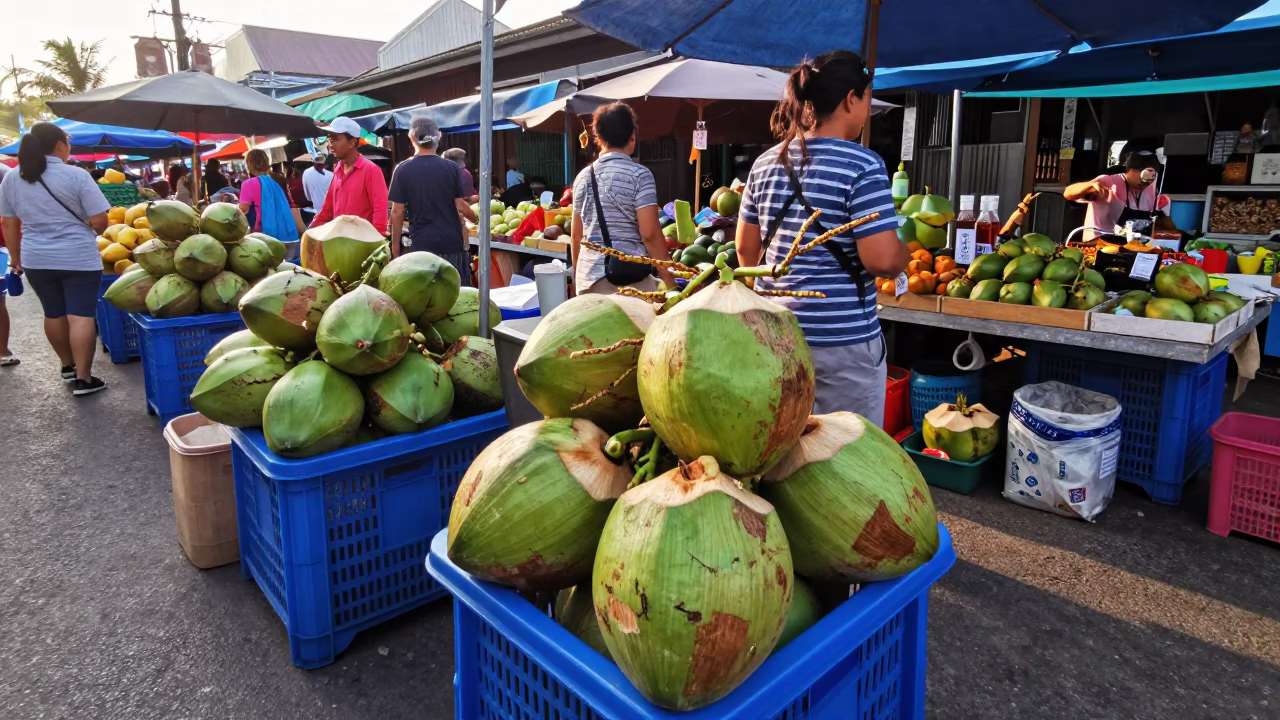 Busy Morning Market Scene in Phuket Thailand with Coconuts and Local Vendors in in Phuket, Thailand