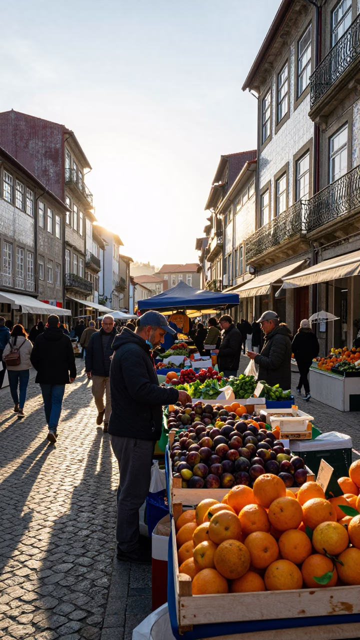 Busy Morning Market Scene in Porto Portugal with Local Produce and Street Life in in Porto, Portugal