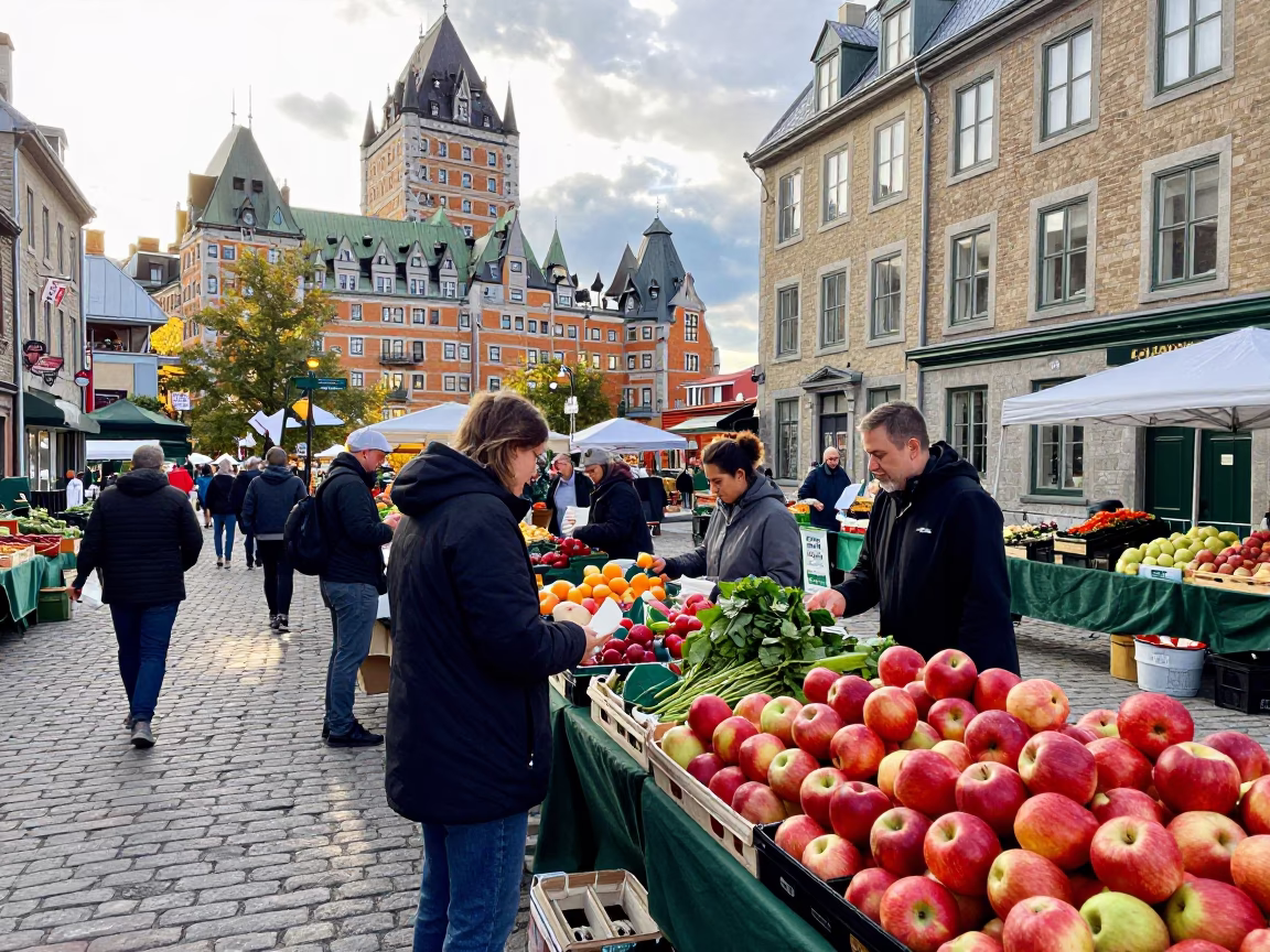 Busy Morning Market Scene in Quebec City with Fresh Produce and Glass Pitchers in in Quebec City, Quebec, Canada
