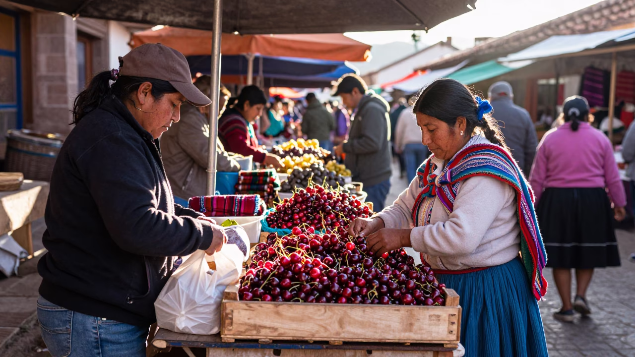 Busy Morning Market Stall in Cusco Peru with Cherries and Local Vendors After Sunrise in in Cusco, Peru