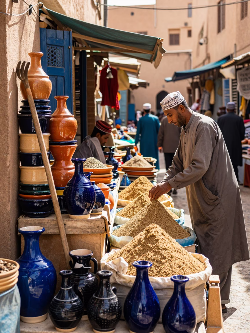Busy Morning Market Stall in Fez Morocco with Ceramic Pots and Wooden Rake in in Fez, Morocco